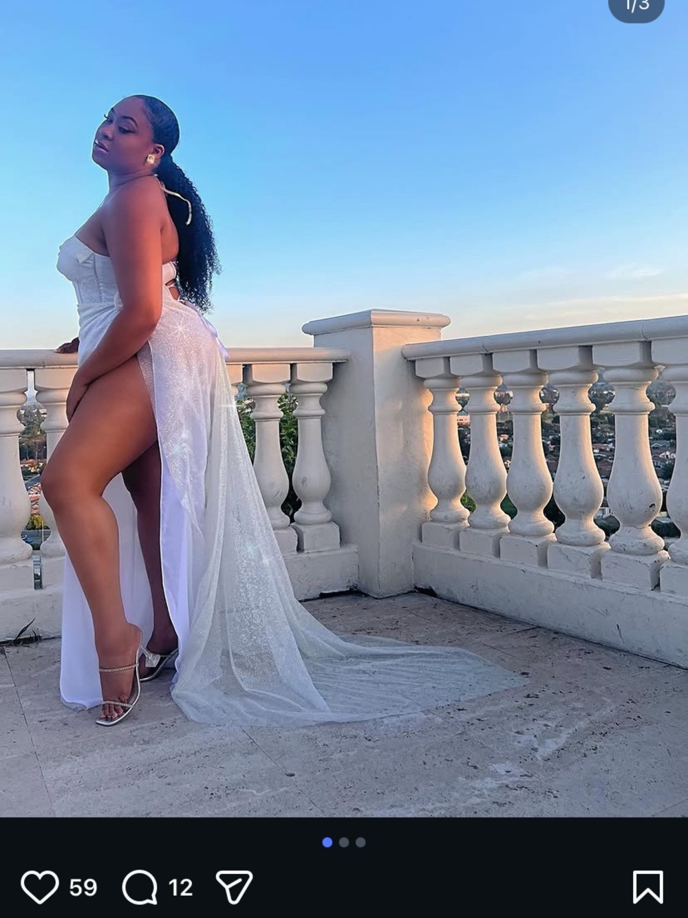 White Glitter High-Slit Evening Dress with Train